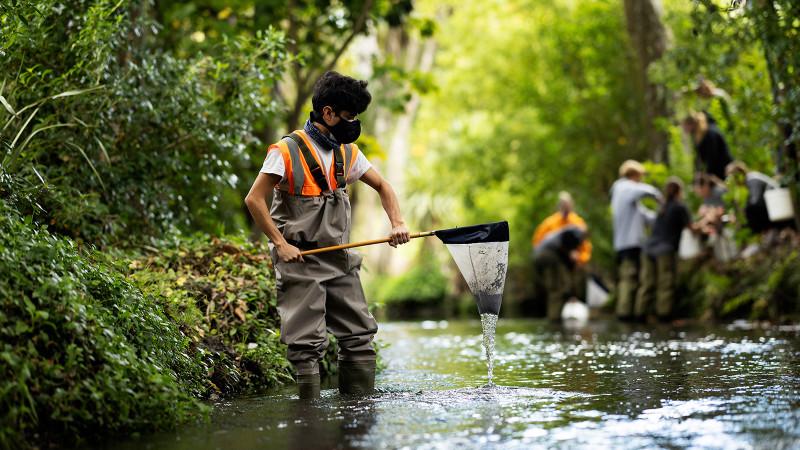 Bryann doing field work in a stream for his PhD